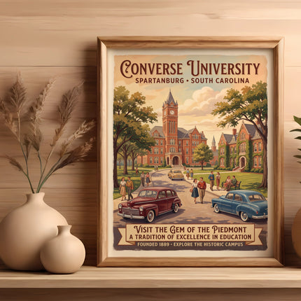 Converse University Spartanburg South Carolina poster with campus scene and vintage cars.
