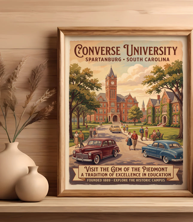 Converse University Spartanburg South Carolina poster with campus scene and vintage cars.