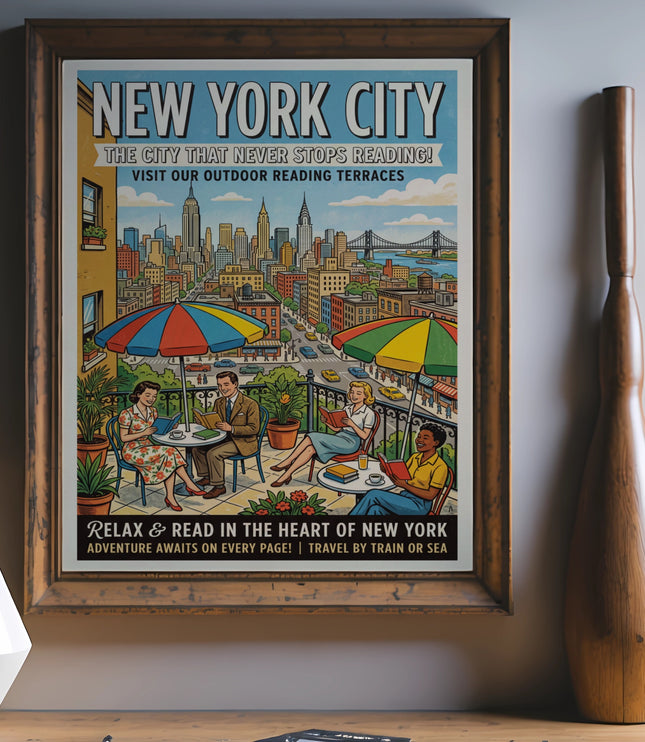 New York City vintage poster with people reading on an outdoor terrace.