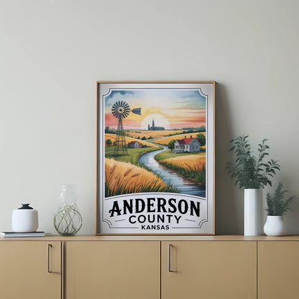 Vintage Anderson County Kansas landscape with windmill, farmhouse, and grain fields.