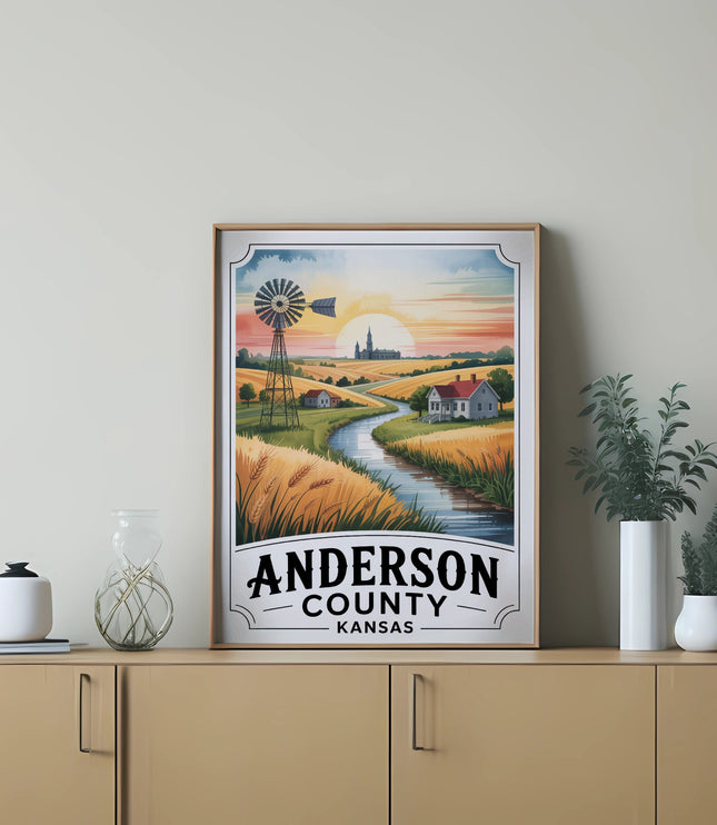 Vintage Anderson County Kansas landscape with windmill, farmhouse, and grain fields.