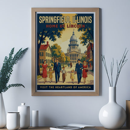 Vintage travel poster for Springfield, Illinois, featuring families walking near the Old State Capitol building.