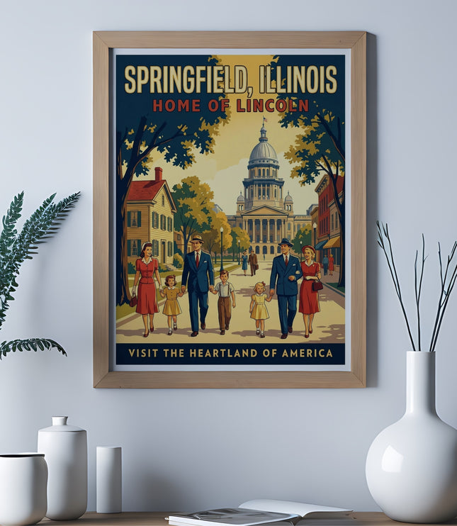 Vintage travel poster for Springfield, Illinois, featuring families walking near the Old State Capitol building.