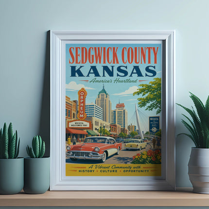 Sedgwick County Kansas poster with Orpheum Theatre, vintage cars, and "America's Heartland" text.