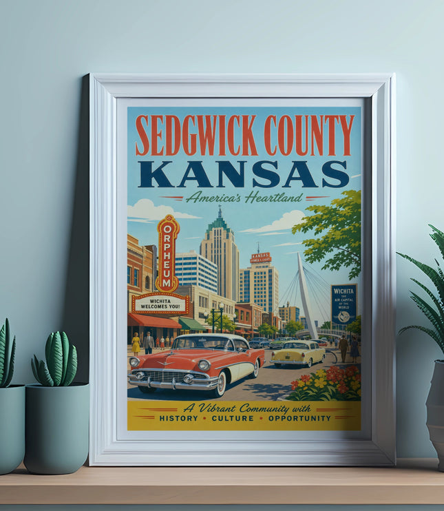 Sedgwick County Kansas poster with Orpheum Theatre, vintage cars, and "America's Heartland" text.