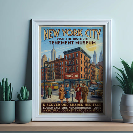New York City Tenement Museum poster with historic street scene and text.