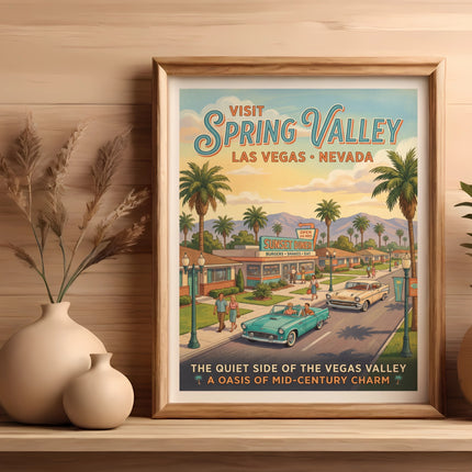 Vintage travel poster of Spring Valley, Las Vegas, Nevada, featuring classic cars and diners.