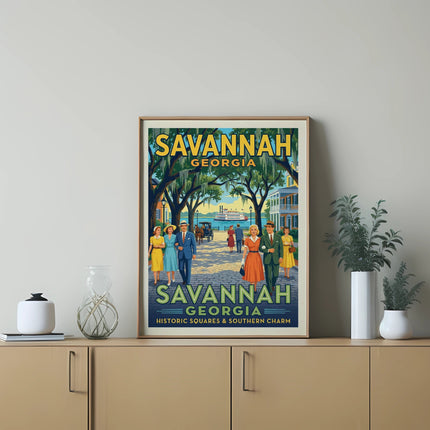 Savannah Georgia historic squares and southern charm travel poster.