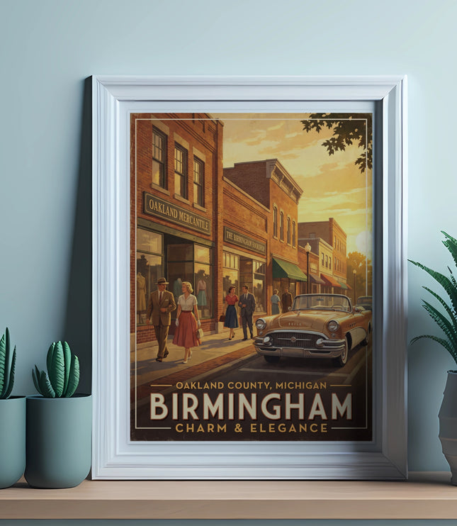 Poster of Birmingham, Michigan featuring a retro car and people on a street.