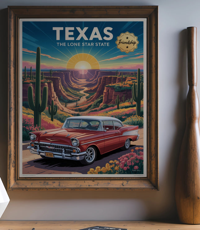 Texas Lone Star State vintage poster featuring a red car, desert canyons, and cacti.