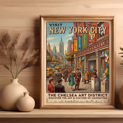 New York City Chelsea Art District travel poster, artwork and text.