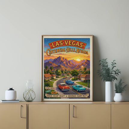 Vintage poster of Las Vegas Centennial Hills, Nevada with classic cars.