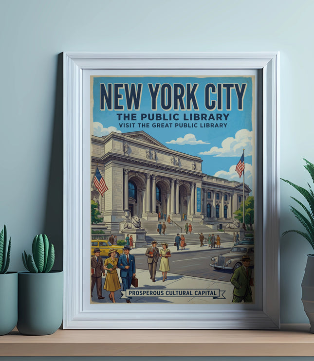New York City Public Library vintage travel poster with people and cars.