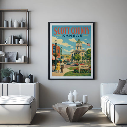 Vintage poster of Scott County, Kansas, featuring Scott City welcome sign and buildings.