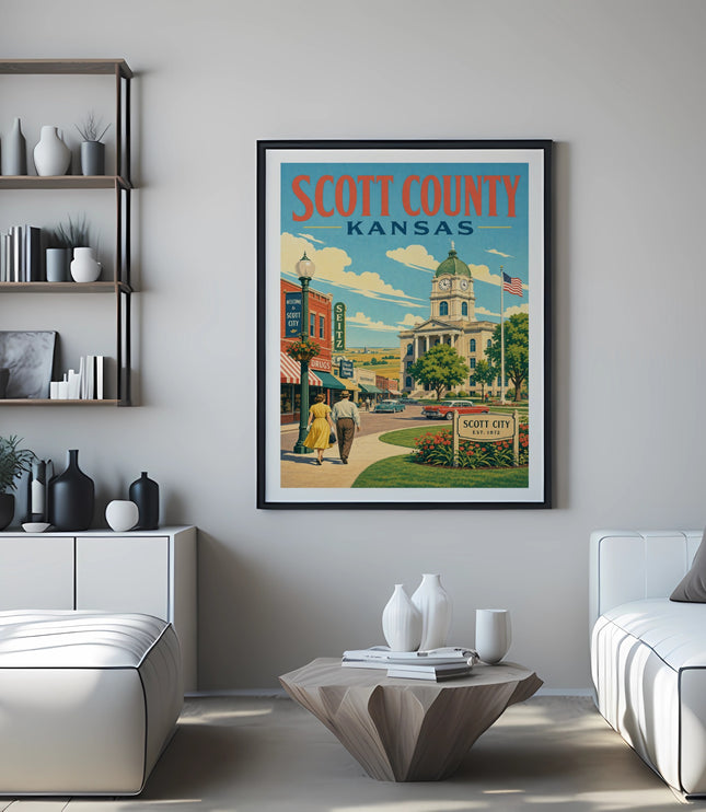 Vintage poster of Scott County, Kansas, featuring Scott City welcome sign and buildings.