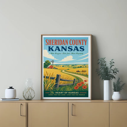 Sheridan County, Kansas landscape with wheat field, barn, and text.