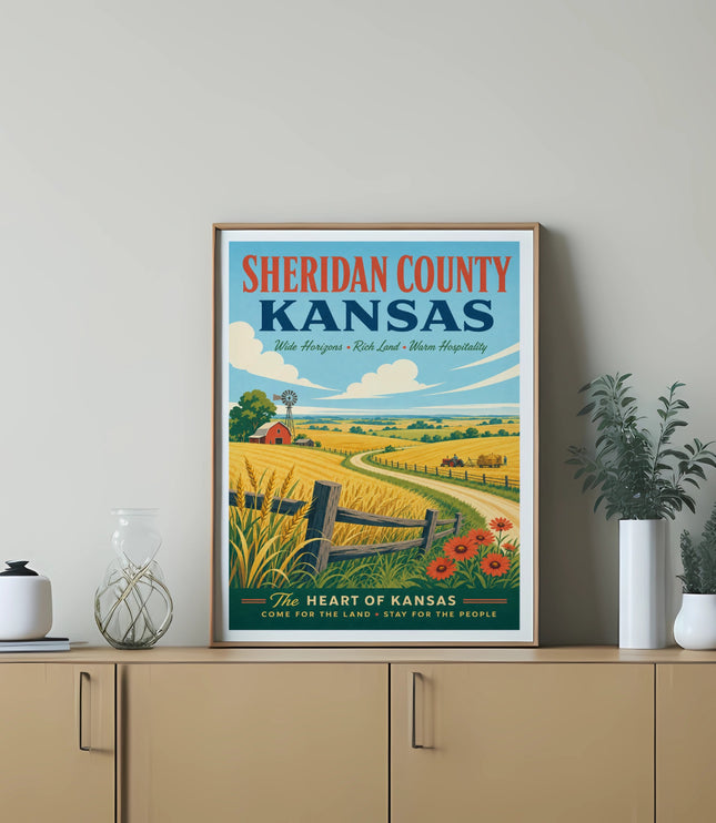 Sheridan County, Kansas landscape with wheat field, barn, and text.
