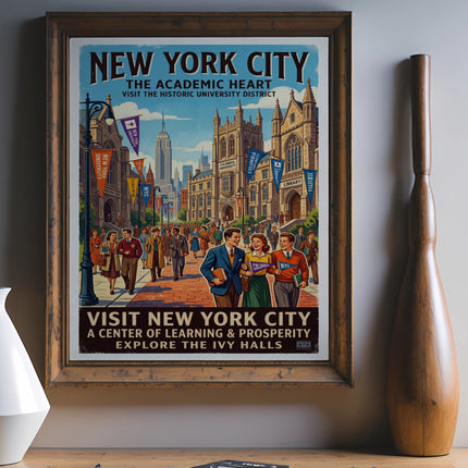 New York City academic heart poster with university buildings and people.
