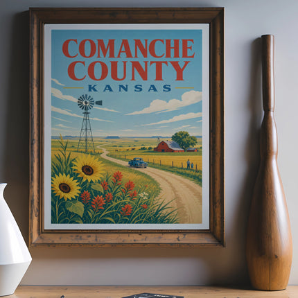 Comanche County Kansas poster with windmill, barn, sunflowers, and rolling hills.