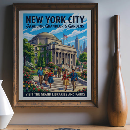 New York City poster: Academic Grandeur & Gardens, NYC Library, visit grand libraries and parks.
