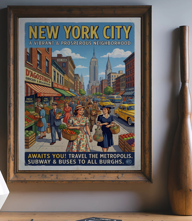 New York City vintage travel poster showing city street scene and Empire State Building.