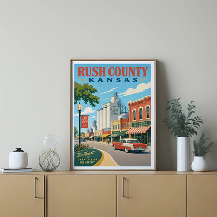 Retro poster of Rush County, Kansas, featuring La Crosse Co-Op Elevator.