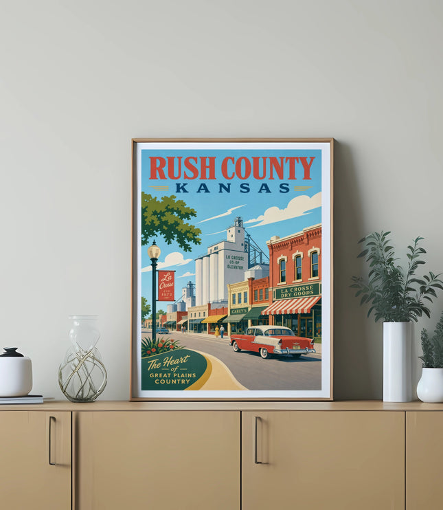 Retro poster of Rush County, Kansas, featuring La Crosse Co-Op Elevator.