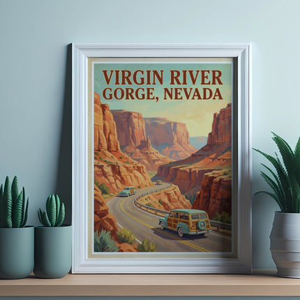 Poster of Virgin River Gorge, Nevada, with cars driving on a scenic road through canyons.