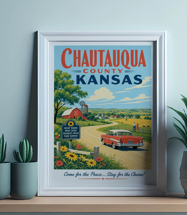 Vintage Chautauqua County Kansas travel poster with text and illustration.