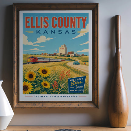 Ellis County, Kansas travel poster with train, sunflowers, and text.