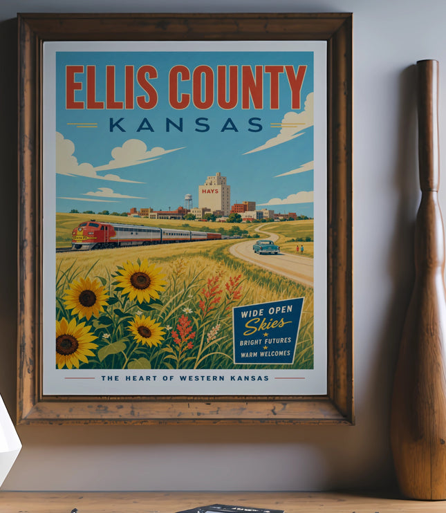 Ellis County, Kansas travel poster with train, sunflowers, and text.