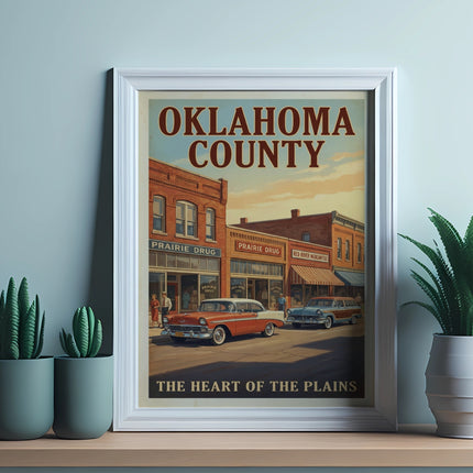 Oklahoma County poster with vintage cars and signage for Prairie Drug and Red River Mercantile.