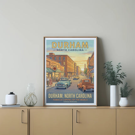 Vintage poster of Durham, North Carolina street scene with classic cars.