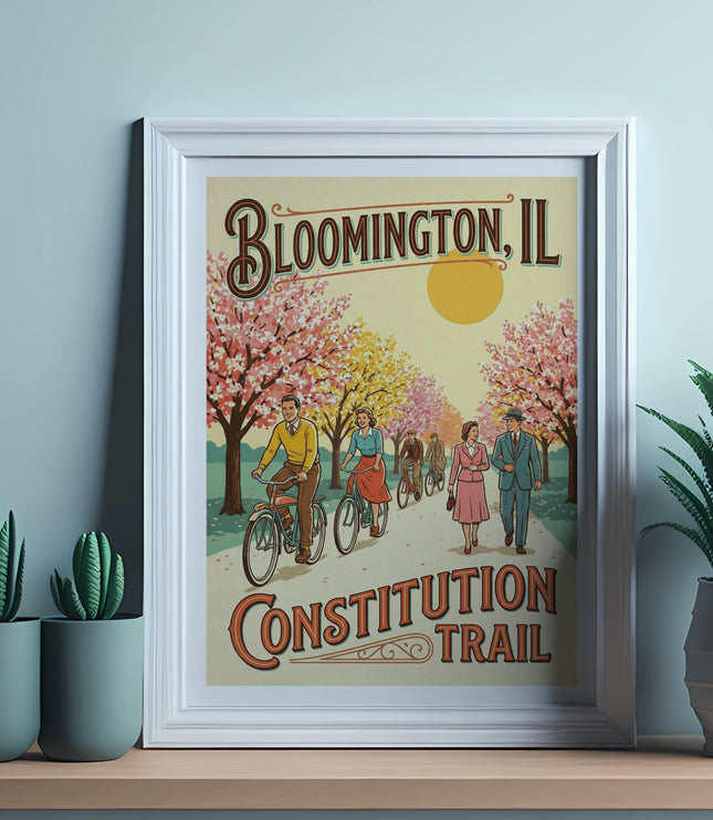 Framed poster for Bloomington, IL featuring Constitution Trail with people cycling and walking.