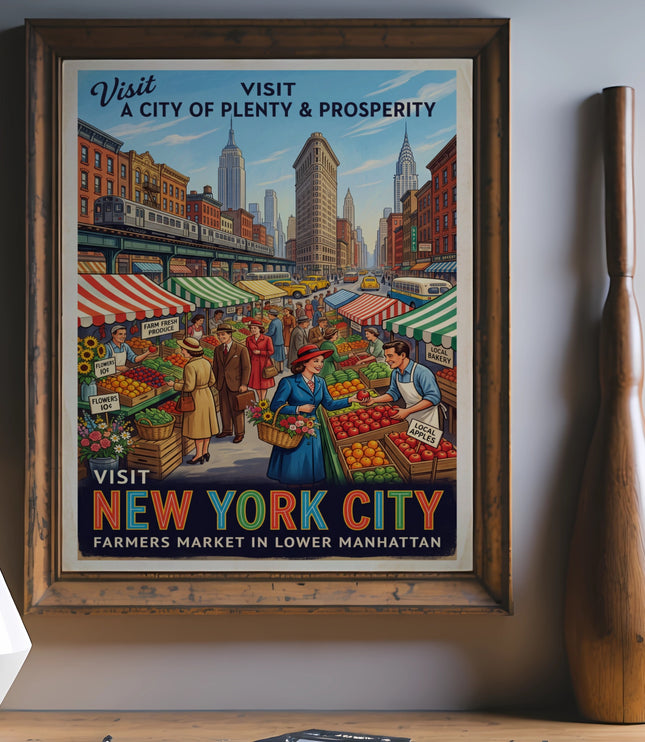 Vintage New York City farmers market poster with fruit stands and skyline.