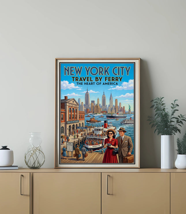 New York City travel by ferry retro poster with city skyline and ferry terminal.