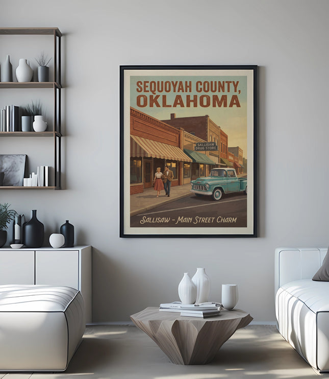 Framed poster of Sequoyah County, Oklahoma, featuring Sallisaw's main street with a vintage truck.
