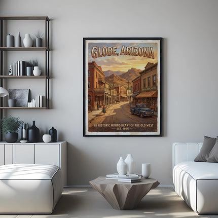 Vintage "Globe, Arizona" poster depicting a Western street scene, est. 1876.