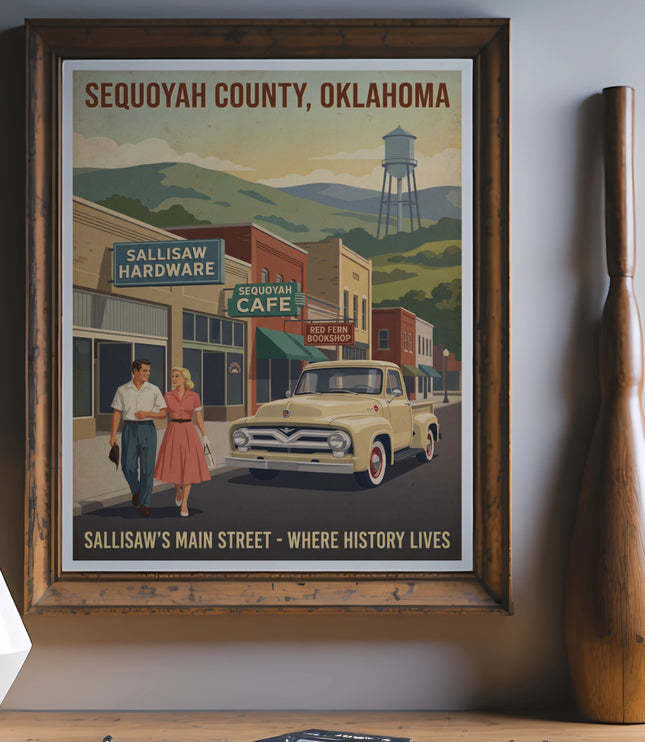 Vintage poster showing Sequoyah County, Oklahoma main street with Sallisaw Hardware, Cafe, and couple.