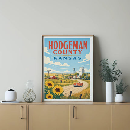 Hodgeman County Kansas poster with sunflowers, farm, and red car.