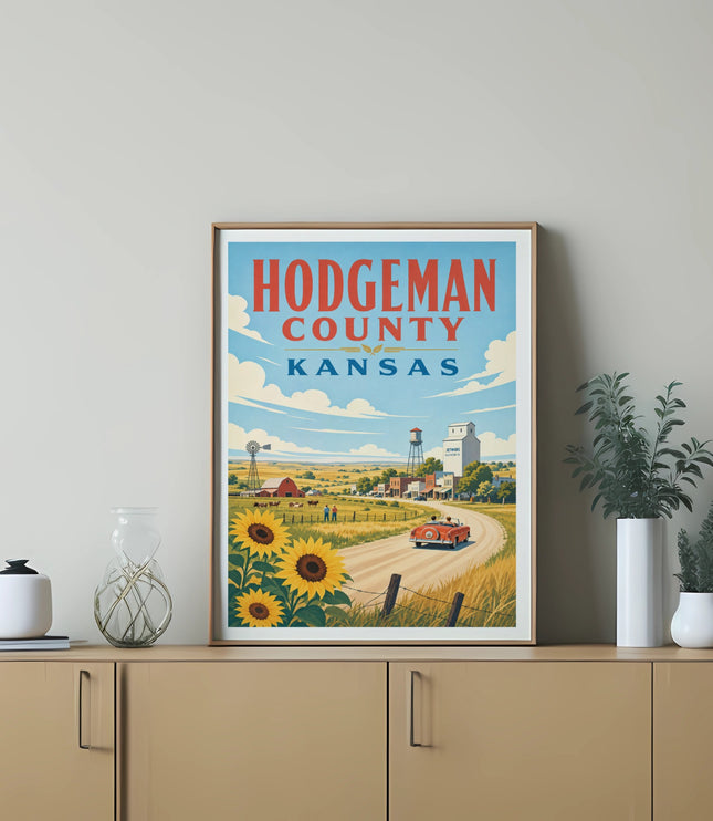 Hodgeman County Kansas poster with sunflowers, farm, and red car.