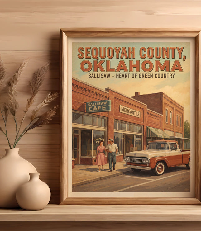 Sequoyah County, Oklahoma vintage poster with Sallisaw landmarks and a classic pickup truck.