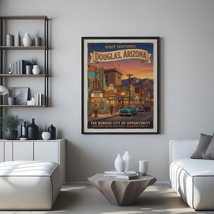 Vintage travel poster of Douglas, Arizona, featuring historic buildings and cars.