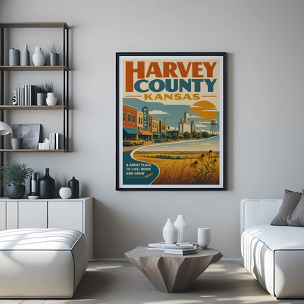 Harvey County, Kansas travel poster with stylized buildings and prairie landscape.