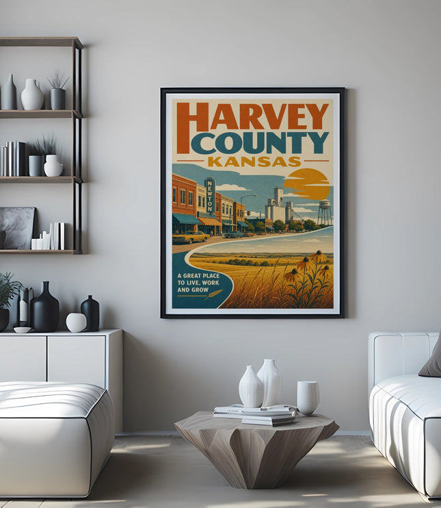 Harvey County, Kansas travel poster with stylized buildings and prairie landscape.