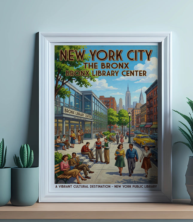 New York City The Bronx Bronx Library Center vintage poster illustration.