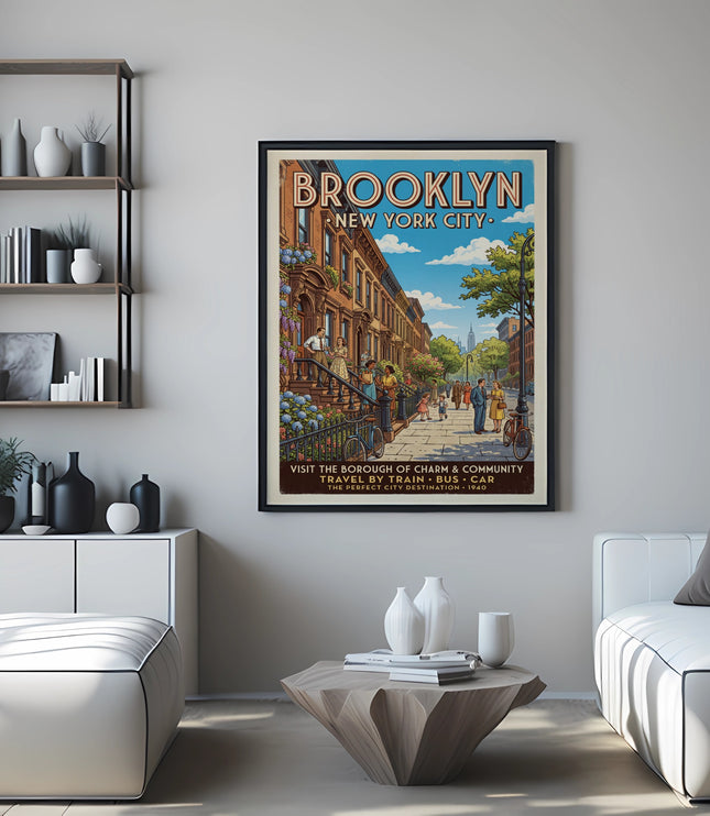 Brooklyn New York City vintage travel poster depicting a street scene and Empire State Building.