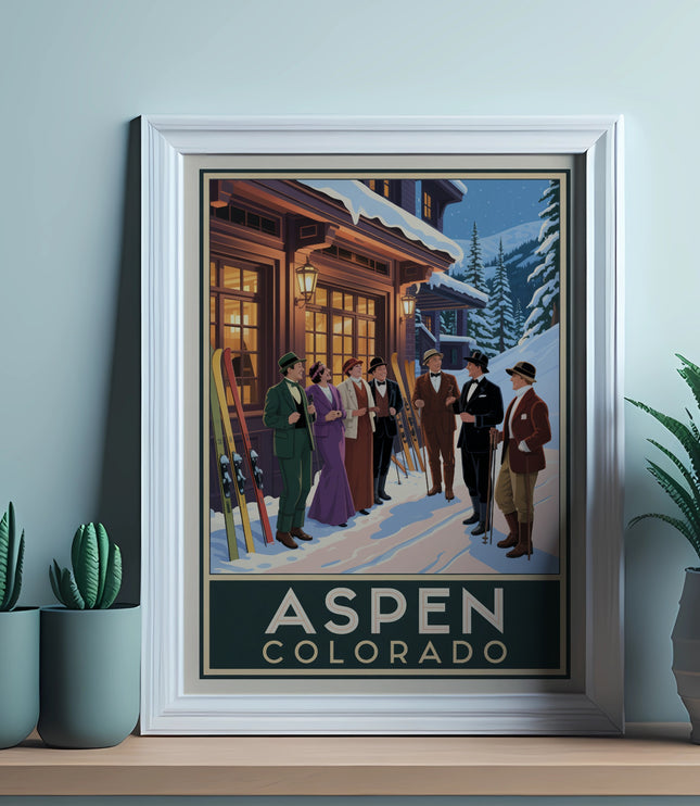 Vintage travel poster for Aspen Colorado with people in period ski attire.