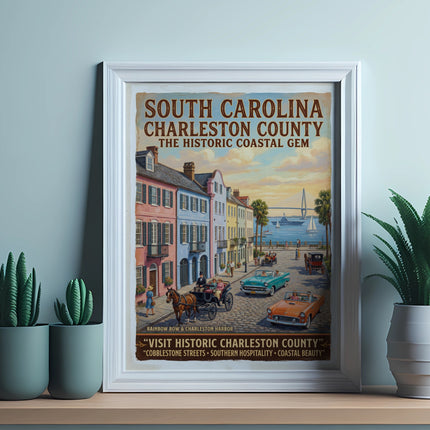 Retro poster of South Carolina featuring Charleston County historical buildings, cars, and harbor.