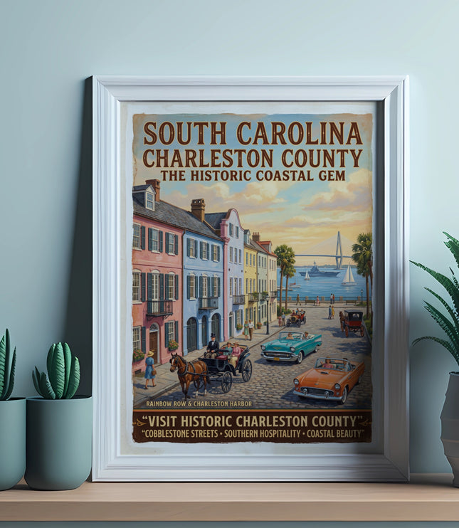 Retro poster of South Carolina featuring Charleston County historical buildings, cars, and harbor.